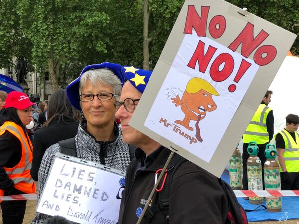 Участники акции протеста у Букингемского дворца в Лондоне против президента США Дональда Трампа, находящегося в Великобритании с официальным визитом. 4 июня 2019 Участники акции протеста у Букингемского дворца в Лондоне против президента США Дональда Трампа, находящегося в Великобритании с официальным визитом. 4 июня 2019