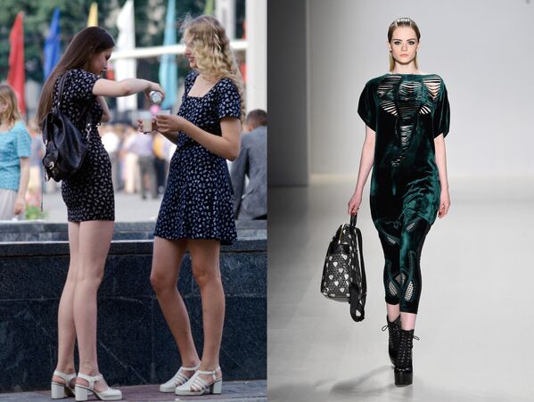 Девушки в центре Минска. 1997 год / Модель на показе Oudifu в рамках Mercedes-Benz Fashion Week в Нью-Йорке. 2015 год Девушки в центре Минска. 1997 год / Модель на показе Oudifu в рамках Mercedes-Benz Fashion Week в Нью-Йорке. 2015 год