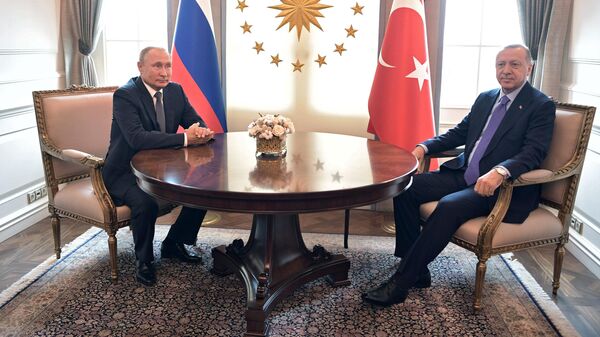 Президент РФ Владимир Путин и президент Турции Реджеп Тайип Эрдоган во время встречи Президент РФ Владимир Путин и президент Турции Реджеп Тайип Эрдоган во время встречи