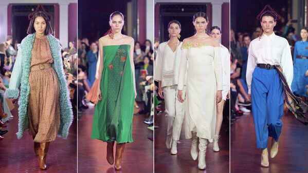 Модели демонстрируют одежду из новой коллекции Alena Akhmadullina в рамках Mercedes-Benz Fashion Week Russia в Государственном музее изобразительных искусств имени А. С. Пушкина в Москве Модели демонстрируют одежду из новой коллекции Alena Akhmadullina в рамках Mercedes-Benz Fashion Week Russia в Государственном музее изобразительных искусств имени А. С. Пушкина в Москве