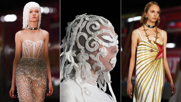 Модели демонстрирует одежду из коллекции ALEXANDER ARUTYUNOV на площадке Mercedes-Benz Fashion Week Russia в электродепо Красная Пресня в Москве Модели демонстрирует одежду из коллекции ALEXANDER ARUTYUNOV на площадке Mercedes-Benz Fashion Week Russia в электродепо Красная Пресня в Москве