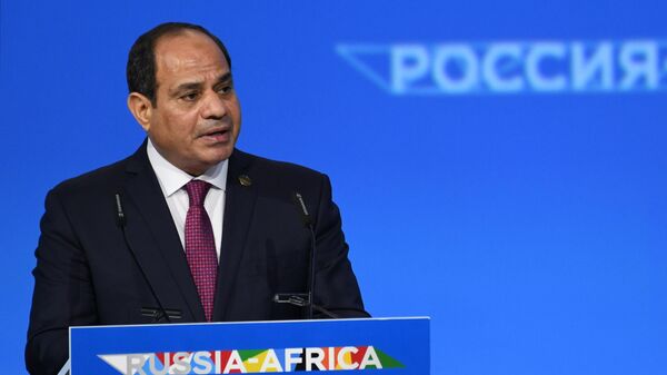 Президент Египта Абдель Фаттах ас-Сиси выступает на пленарном заседании экономического форума Россия - Африка в Сочи Президент Египта Абдель Фаттах ас-Сиси выступает на пленарном заседании экономического форума Россия - Африка в Сочи