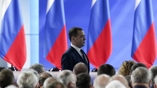 Председатель правительства РФ Дмитрий Медведев во время ежегодного послания президента РФ Владимира Путина Федеральному Собранию Председатель правительства РФ Дмитрий Медведев во время ежегодного послания президента РФ Владимира Путина Федеральному Собранию