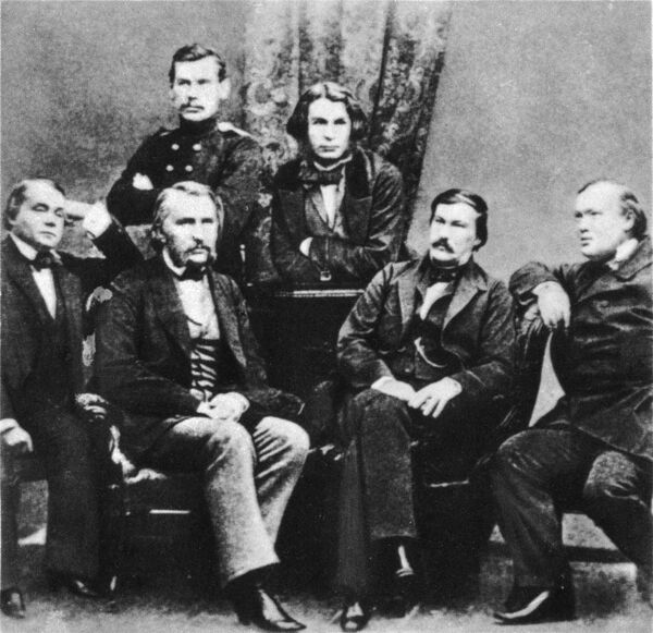 Русские писатели Л. Н. Толстой, Д. В. Григорович (верхний ряд); И. А. Гончаров, И. С. Тургенев, А. В. Дружинин, А. Н. Островский (нижний ряд) Русские писатели Л. Н. Толстой, Д. В. Григорович (верхний ряд); И. А. Гончаров, И. С. Тургенев, А. В. Дружинин, А. Н. Островский (нижний ряд)