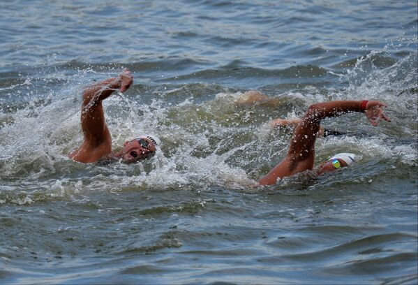Спортсмены на дистанции 10 км на открытой воде в финальных соревнованиях по плаванию Спортсмены на дистанции 10 км на открытой воде в финальных соревнованиях по плаванию